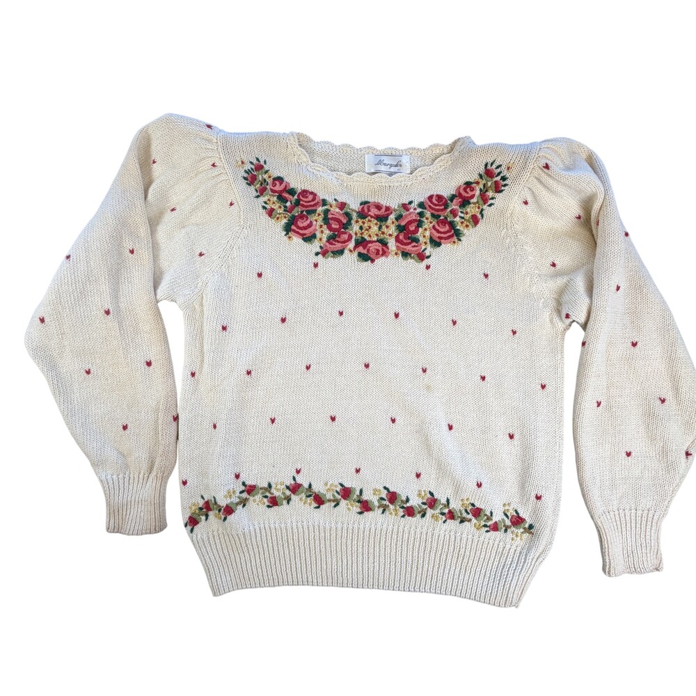 Margules Sweater Womens Large White Floral Embroidered Pullover Shoulder Pads